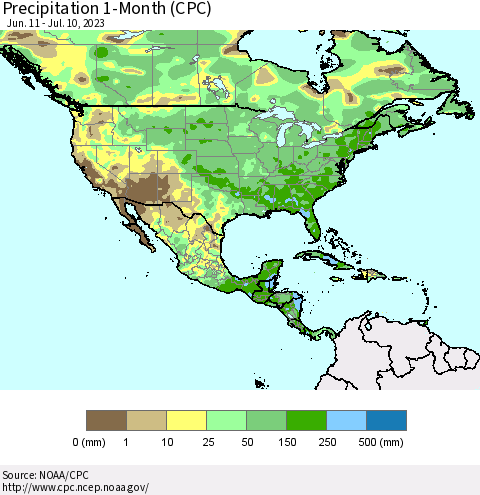North America Precipitation 1-Month (CPC) Thematic Map For 6/11/2023 - 7/10/2023