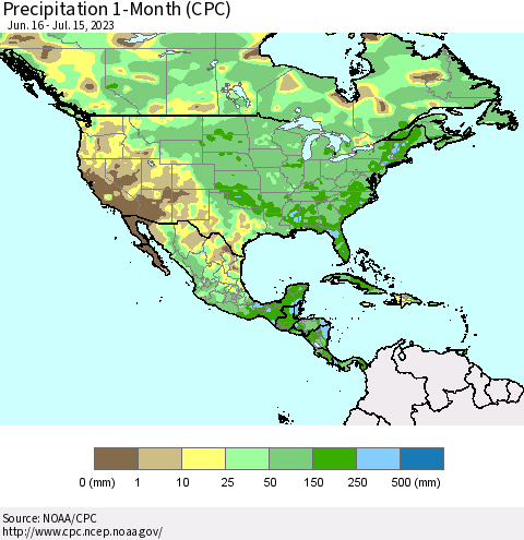 North America Precipitation 1-Month (CPC) Thematic Map For 6/16/2023 - 7/15/2023