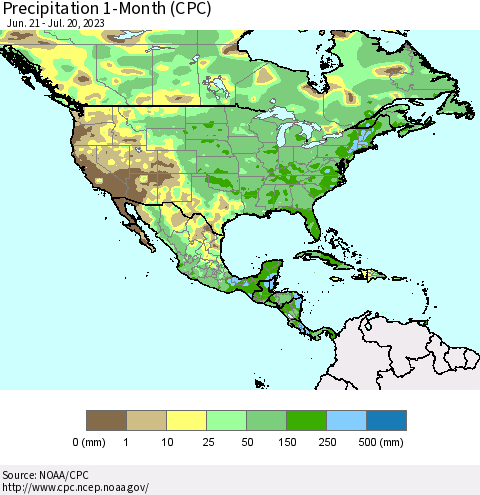 North America Precipitation 1-Month (CPC) Thematic Map For 6/21/2023 - 7/20/2023