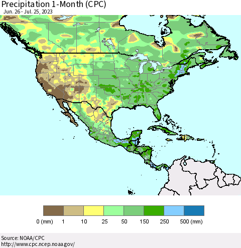North America Precipitation 1-Month (CPC) Thematic Map For 6/26/2023 - 7/25/2023