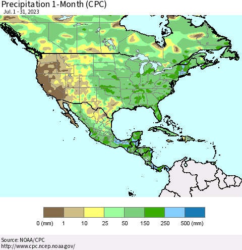North America Precipitation 1-Month (CPC) Thematic Map For 7/1/2023 - 7/31/2023