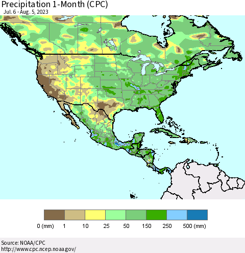 North America Precipitation 1-Month (CPC) Thematic Map For 7/6/2023 - 8/5/2023