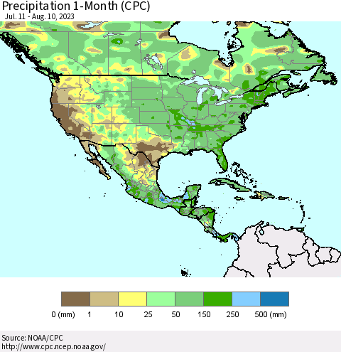 North America Precipitation 1-Month (CPC) Thematic Map For 7/11/2023 - 8/10/2023