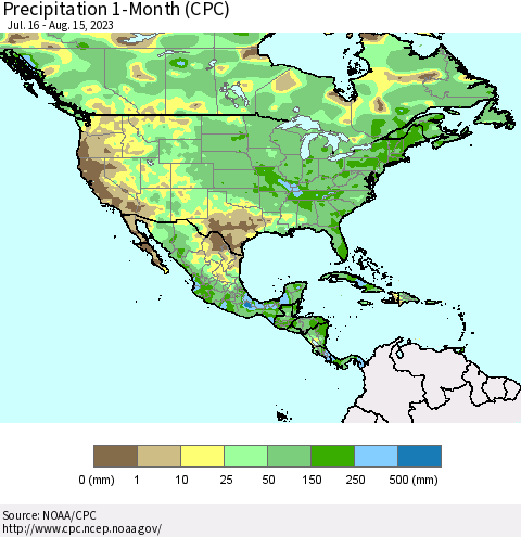 North America Precipitation 1-Month (CPC) Thematic Map For 7/16/2023 - 8/15/2023