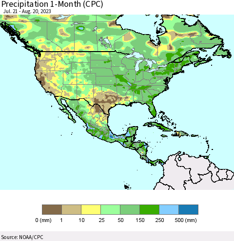 North America Precipitation 1-Month (CPC) Thematic Map For 7/21/2023 - 8/20/2023