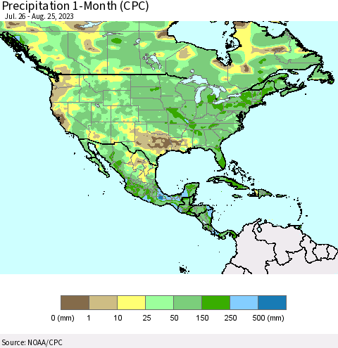 North America Precipitation 1-Month (CPC) Thematic Map For 7/26/2023 - 8/25/2023