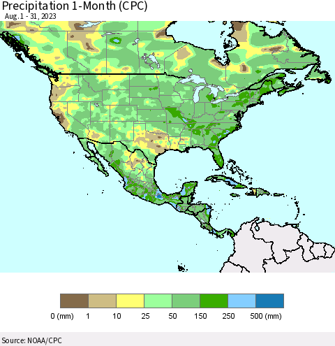 North America Precipitation 1-Month (CPC) Thematic Map For 8/1/2023 - 8/31/2023