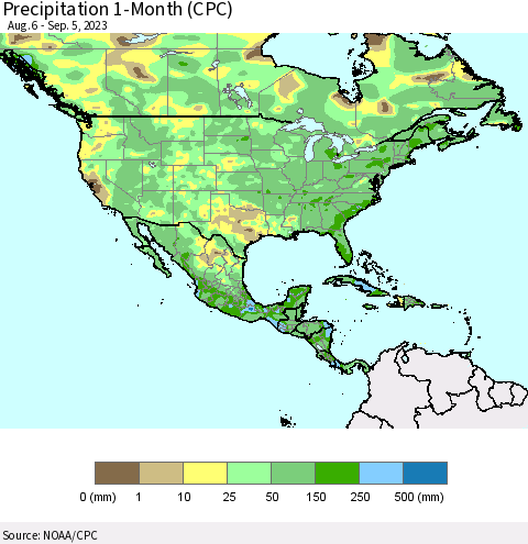 North America Precipitation 1-Month (CPC) Thematic Map For 8/6/2023 - 9/5/2023