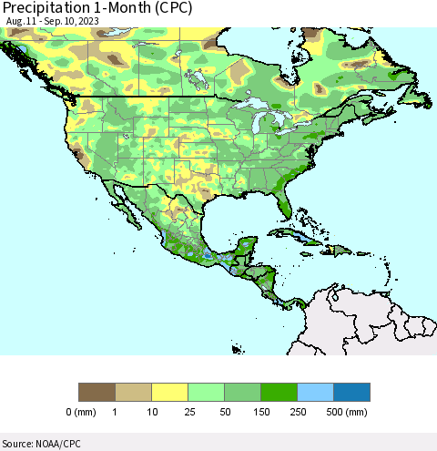 North America Precipitation 1-Month (CPC) Thematic Map For 8/11/2023 - 9/10/2023