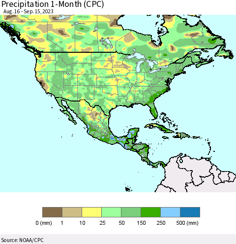 North America Precipitation 1-Month (CPC) Thematic Map For 8/16/2023 - 9/15/2023