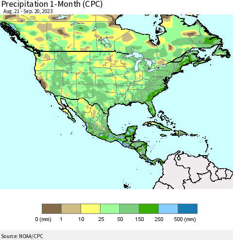 North America Precipitation 1-Month (CPC) Thematic Map For 8/21/2023 - 9/20/2023