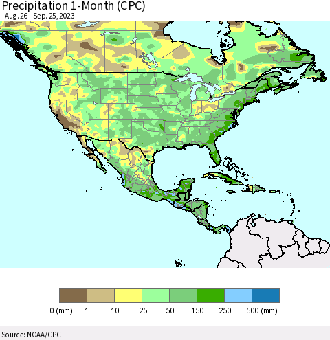 North America Precipitation 1-Month (CPC) Thematic Map For 8/26/2023 - 9/25/2023
