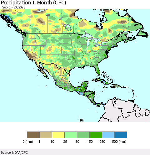North America Precipitation 1-Month (CPC) Thematic Map For 9/1/2023 - 9/30/2023