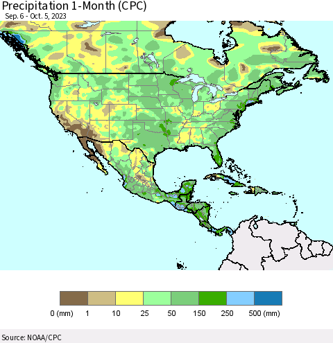 North America Precipitation 1-Month (CPC) Thematic Map For 9/6/2023 - 10/5/2023