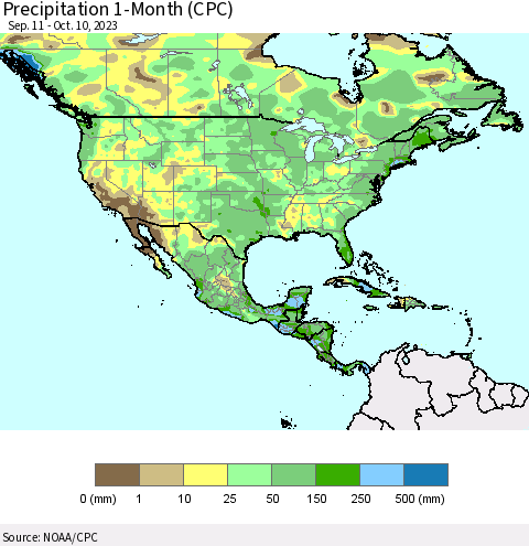 North America Precipitation 1-Month (CPC) Thematic Map For 9/11/2023 - 10/10/2023