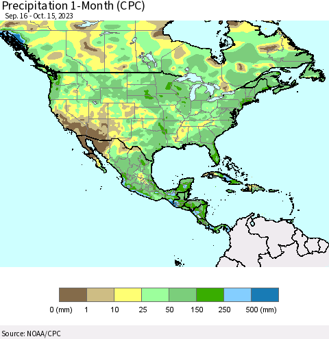North America Precipitation 1-Month (CPC) Thematic Map For 9/16/2023 - 10/15/2023