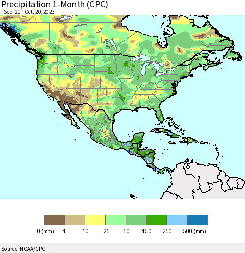 North America Precipitation 1-Month (CPC) Thematic Map For 9/21/2023 - 10/20/2023
