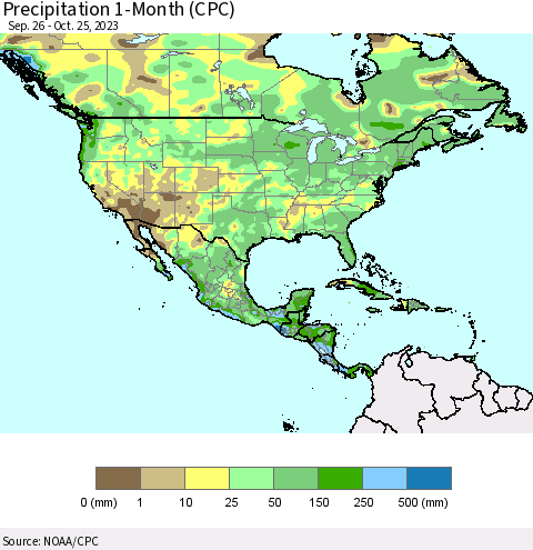 North America Precipitation 1-Month (CPC) Thematic Map For 9/26/2023 - 10/25/2023