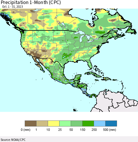 North America Precipitation 1-Month (CPC) Thematic Map For 10/1/2023 - 10/31/2023