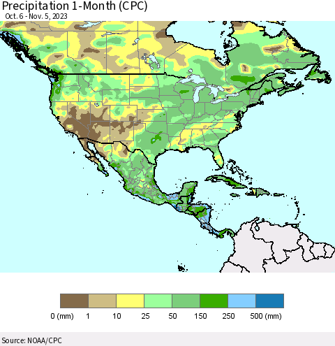 North America Precipitation 1-Month (CPC) Thematic Map For 10/6/2023 - 11/5/2023