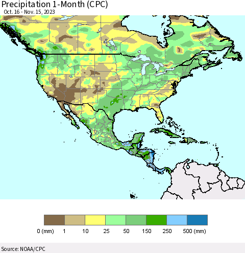 North America Precipitation 1-Month (CPC) Thematic Map For 10/16/2023 - 11/15/2023