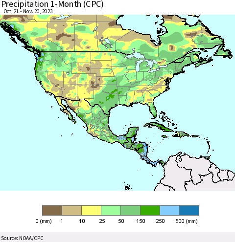 North America Precipitation 1-Month (CPC) Thematic Map For 10/21/2023 - 11/20/2023