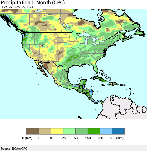 North America Precipitation 1-Month (CPC) Thematic Map For 10/26/2023 - 11/25/2023