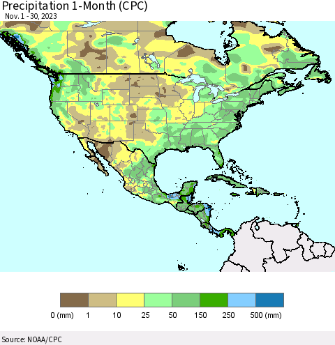 North America Precipitation 1-Month (CPC) Thematic Map For 11/1/2023 - 11/30/2023