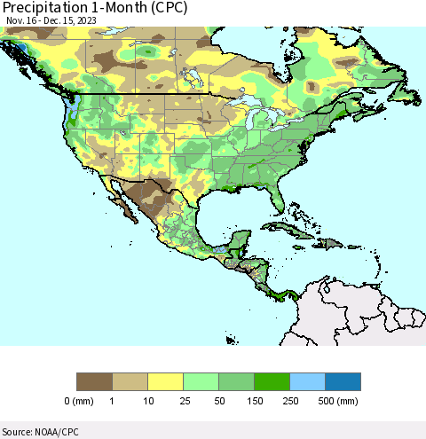 North America Precipitation 1-Month (CPC) Thematic Map For 11/16/2023 - 12/15/2023