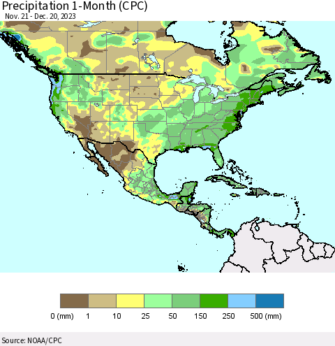North America Precipitation 1-Month (CPC) Thematic Map For 11/21/2023 - 12/20/2023