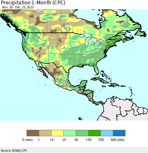 North America Precipitation 1-Month (CPC) Thematic Map For 11/26/2023 - 12/25/2023