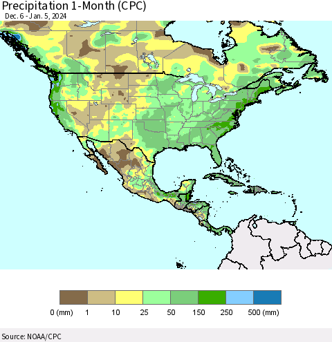 North America Precipitation 1-Month (CPC) Thematic Map For 12/6/2023 - 1/5/2024