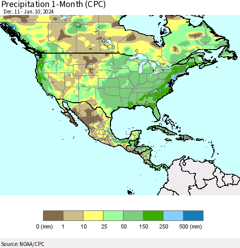 North America Precipitation 1-Month (CPC) Thematic Map For 12/11/2023 - 1/10/2024