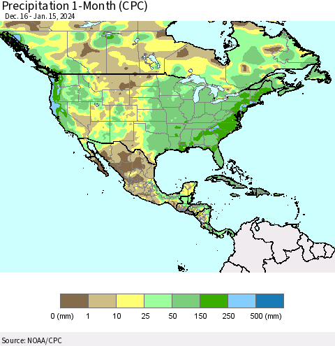 North America Precipitation 1-Month (CPC) Thematic Map For 12/16/2023 - 1/15/2024