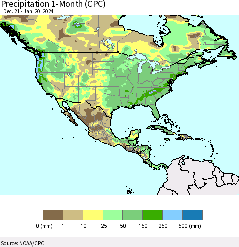 North America Precipitation 1-Month (CPC) Thematic Map For 12/21/2023 - 1/20/2024