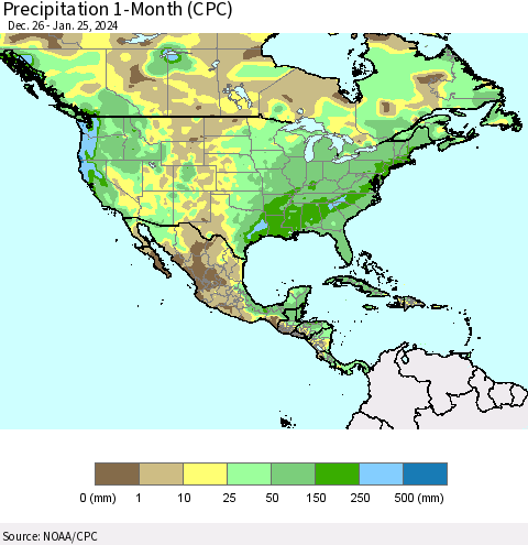 North America Precipitation 1-Month (CPC) Thematic Map For 12/26/2023 - 1/25/2024