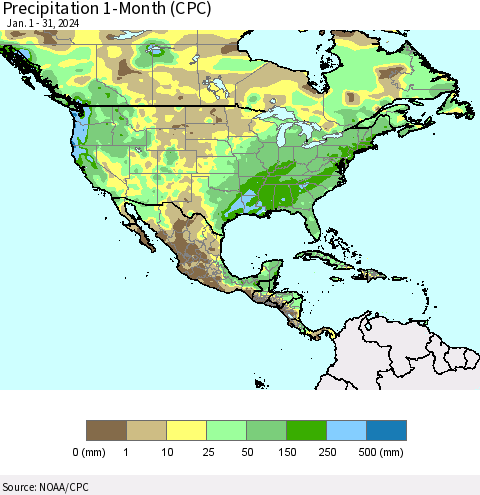 North America Precipitation 1-Month (CPC) Thematic Map For 1/1/2024 - 1/31/2024