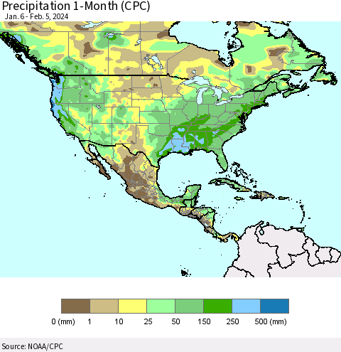 North America Precipitation 1-Month (CPC) Thematic Map For 1/6/2024 - 2/5/2024