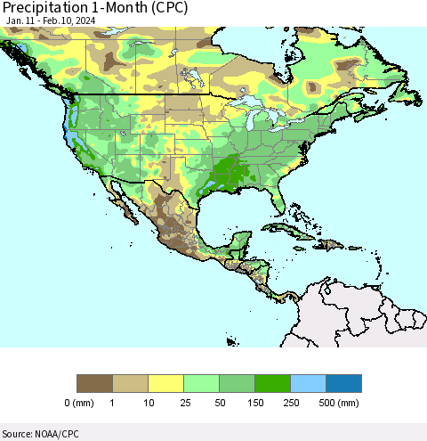 North America Precipitation 1-Month (CPC) Thematic Map For 1/11/2024 - 2/10/2024