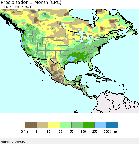 North America Precipitation 1-Month (CPC) Thematic Map For 1/16/2024 - 2/15/2024
