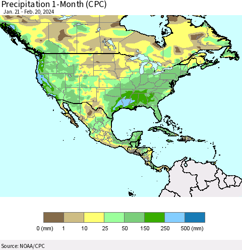 North America Precipitation 1-Month (CPC) Thematic Map For 1/21/2024 - 2/20/2024