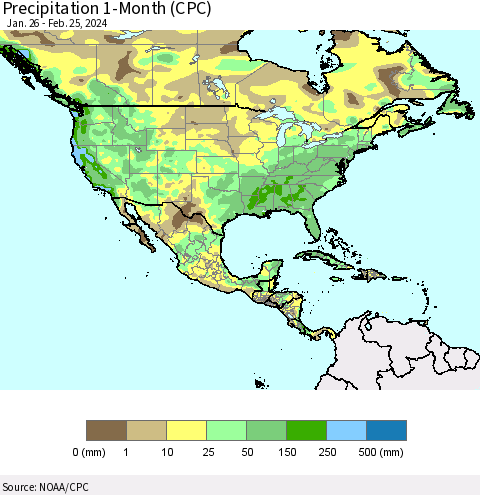 North America Precipitation 1-Month (CPC) Thematic Map For 1/26/2024 - 2/25/2024