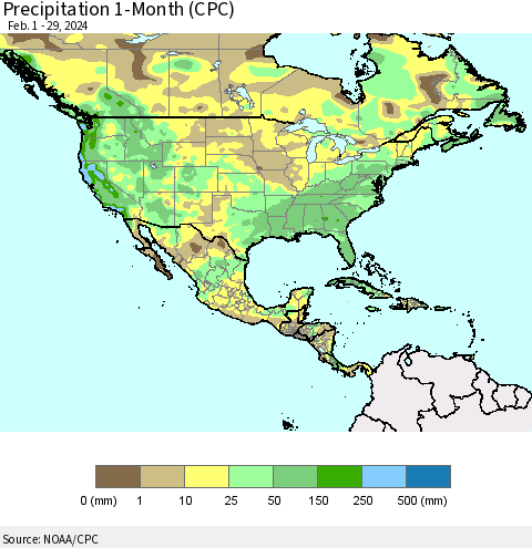 North America Precipitation 1-Month (CPC) Thematic Map For 2/1/2024 - 2/29/2024