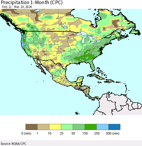 North America Precipitation 1-Month (CPC) Thematic Map For 2/11/2024 - 3/10/2024