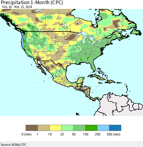 North America Precipitation 1-Month (CPC) Thematic Map For 2/16/2024 - 3/15/2024