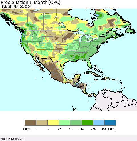 North America Precipitation 1-Month (CPC) Thematic Map For 2/21/2024 - 3/20/2024