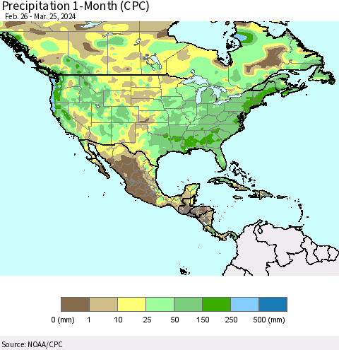 North America Precipitation 1-Month (CPC) Thematic Map For 2/26/2024 - 3/25/2024