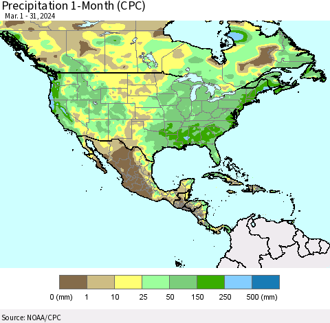 North America Precipitation 1-Month (CPC) Thematic Map For 3/1/2024 - 3/31/2024