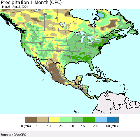 North America Precipitation 1-Month (CPC) Thematic Map For 3/6/2024 - 4/5/2024