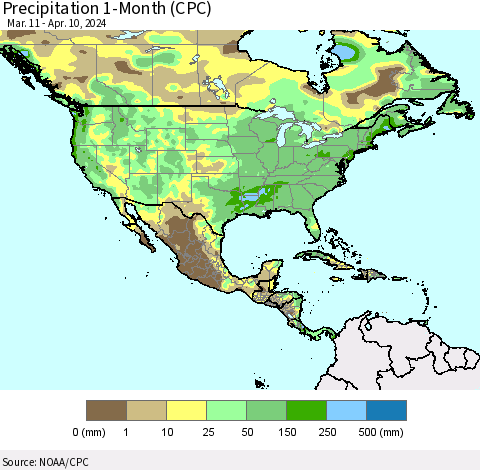 North America Precipitation 1-Month (CPC) Thematic Map For 3/11/2024 - 4/10/2024